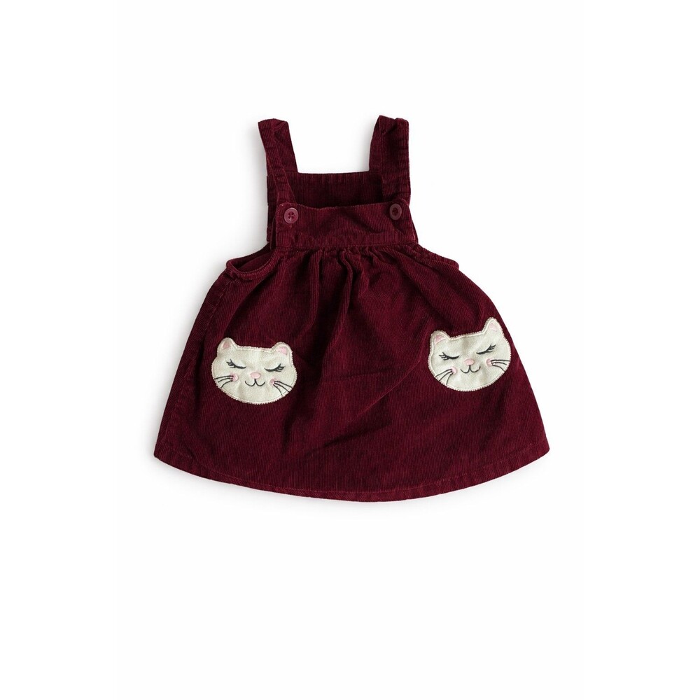WonderKids Baby Girl Corduroy Jumper Dress 12M Burgundy Cat Pocket Overall Dress